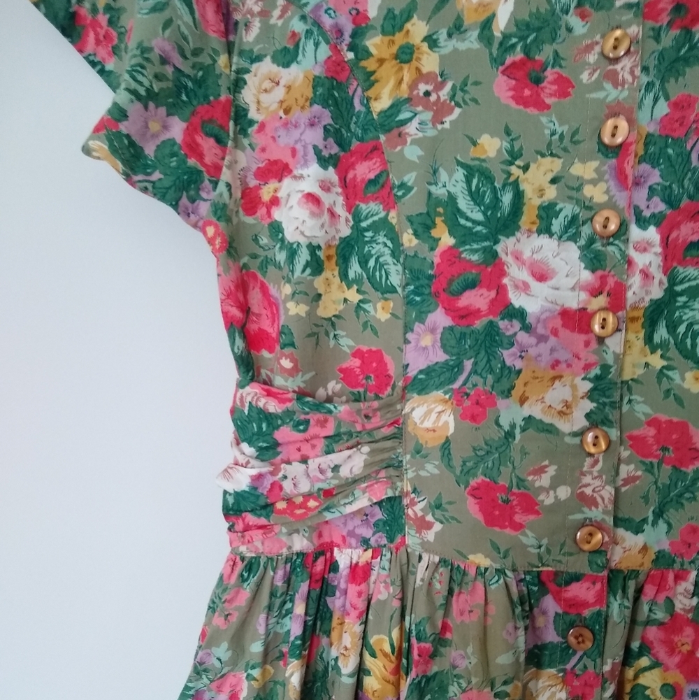 Vintage 90's Erika Cotton Green Multicolor Floral Cottage Midi Dress Sz Lg - Picture 6 of 9